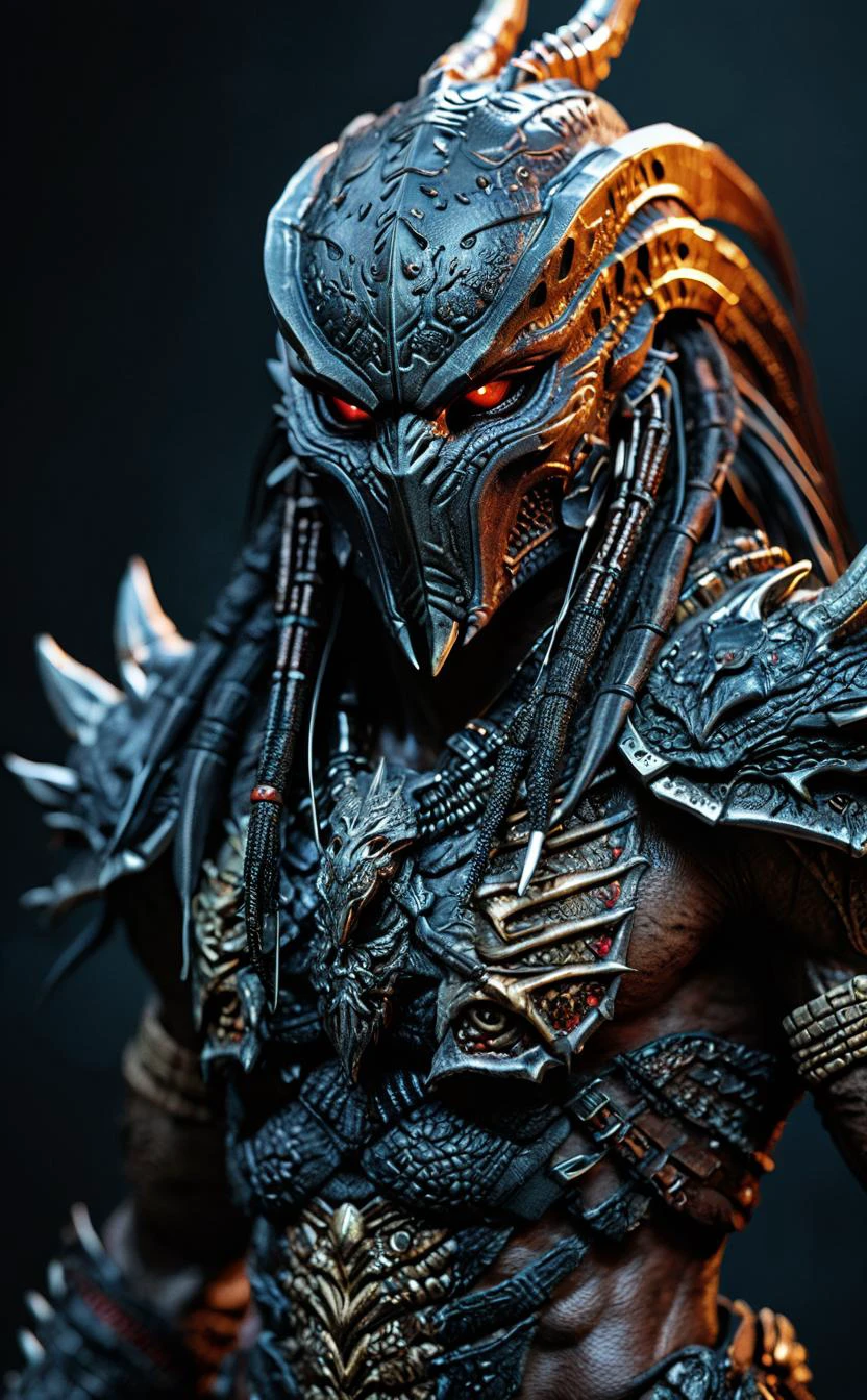 A dark fantasy devil predator,looking at viewer,photographic,ultra detail,full detail,8k best quality,realistic,8k,micro intricate details,