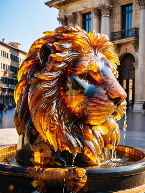 A majestic ral-amber lion's head fountain, water cascading down in a sunlit piazza, ancient buildings towering in the background, shot with a Panasonic Lumix DC-S1R for its lifelike detail 