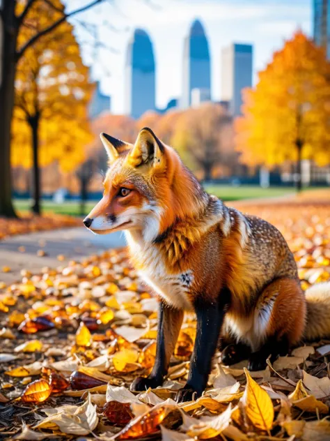 A ral-amber fox pausing in a vibrant city park, its coat blending with the fallen leaves, the urban skyline in soft focus behind...