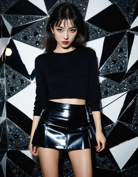 a woman in a black top and black leather skirt posing for a picture