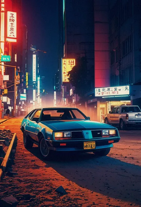 a close up of a car parked on a city street at night