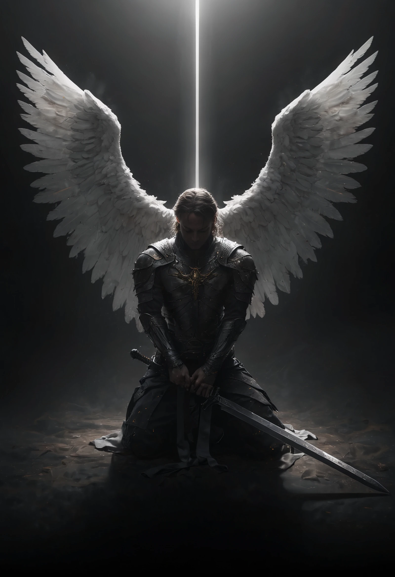 angelic warrior praying to God,closed eyes,big wings,kneeling with one (hand gripping the greatsword plunged into the ground:1.2),divine light,serene atmosphere,celestial presence,detailed portrayal,dynamic composition,highly detailed photo,sharp details,dark church,light reflects along the bodyline,dark tone,