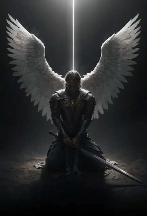 angelic warrior praying to God,closed eyes,big wings,kneeling with one (hand gripping the greatsword plunged into the ground:1.2...