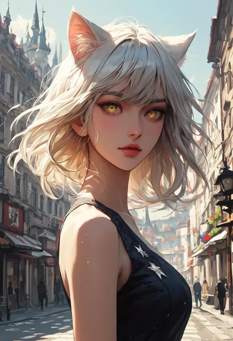 source_anime, score_9, score_8_up, score_7_up, score_6_up,Japanese art style,1girl, solo, catgirl, cat ears, white hair, bangs pinned up, golden eyes, vertical pupils, pale skin, 
 mini dress, city view, (Poland:1.5), famous buildings, wind, street view, standing, detailed background
<lora:g4n1m3XLP:0.4> <lora:comicbookpage style:0.2> <lora:add-detail-xl:0.9>