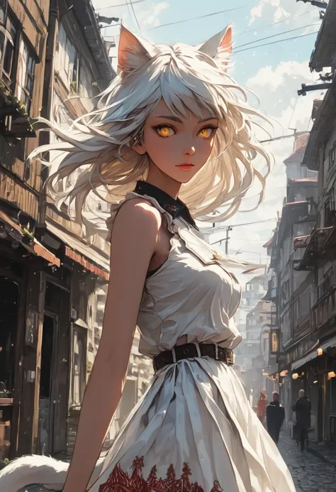 source_anime, score_9, score_8_up, score_7_up, score_6_up,Japanese art style,1girl, solo, catgirl, cat ears, white hair, bangs pinned up, golden eyes, vertical pupils, pale skin, 
 mini dress, city view, (Poland:1.5), famous buildings, wind, street food, standing, detailed background
<lora:g4n1m3XLP:0.4> <lora:comicbookpage style:0.2> <lora:add-detail-xl:0.9>