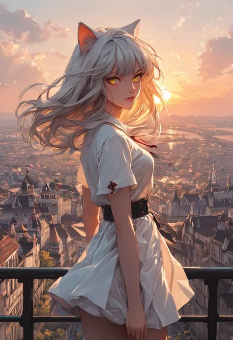 source_anime, score_9, score_8_up, score_7_up, score_6_up,Japanese art style,1girl, solo, catgirl, cat ears, white hair, bangs pinned up, golden eyes, vertical pupils, pale skin, 
 mini dress, city view, (Poland:1.5), famous buildings, wind, sunset, standing, detailed background
<lora:g4n1m3XLP:0.4> <lora:comicbookpage style:0.2> <lora:add-detail-xl:0.9>