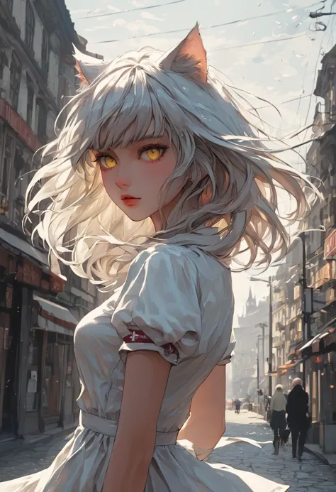 source_anime, score_9, score_8_up, score_7_up, score_6_up,Japanese art style,1girl, solo, catgirl, cat ears, white hair, bangs pinned up, golden eyes, vertical pupils, pale skin, 
 mini dress, city view, (Poland:1.5), famous buildings, wind, street view, standing, detailed background
<lora:g4n1m3XLP:0.4> <lora:comicbookpage style:0.2> <lora:add-detail-xl:0.9>