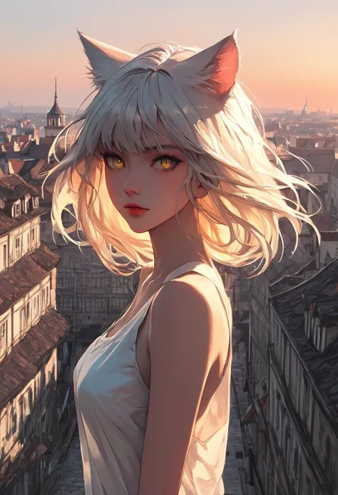 source_anime, score_9, score_8_up, score_7_up, score_6_up,Japanese art style,1girl, solo, catgirl, cat ears, white hair, bangs pinned up, golden eyes, vertical pupils, pale skin, 
 mini dress, city view, (Poland:1.5), famous buildings, wind, sunset, standing, detailed background
<lora:g4n1m3XLP:0.4> <lora:comicbookpage style:0.2> <lora:add-detail-xl:0.9>