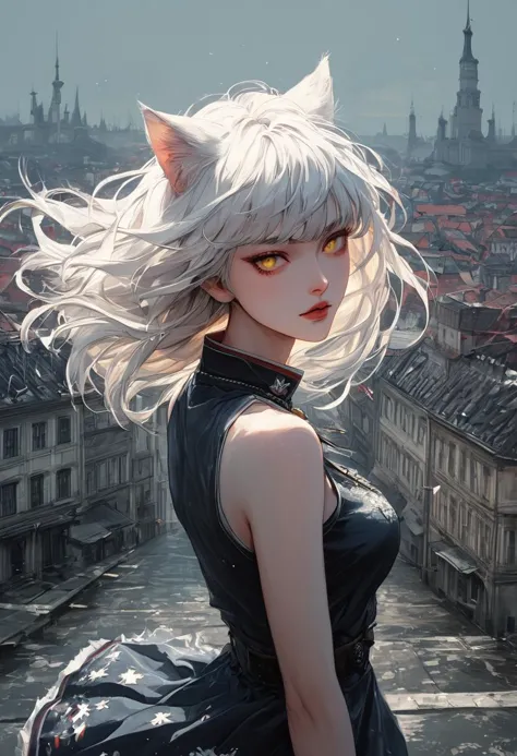 source_anime, score_9, score_8_up, score_7_up, score_6_up,Japanese art style,1girl, solo, catgirl, cat ears, white hair, bangs pinned up, golden eyes, vertical pupils, pale skin, 
 mini dress, city view, (Poland:1.5), famous buildings, wind, dark night, standing, detailed background
<lora:g4n1m3XLP:0.4> <lora:comicbookpage style:0.2> <lora:add-detail-xl:0.9>