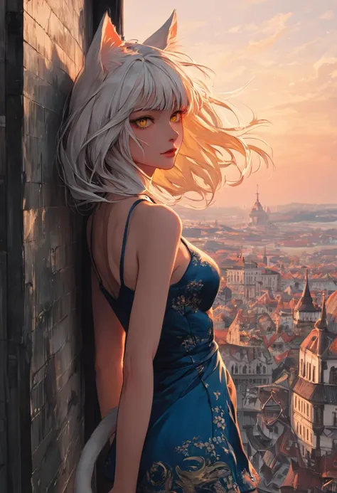 source_anime, score_9, score_8_up, score_7_up, score_6_up,Japanese art style,1girl, solo, catgirl, cat ears, white hair, bangs pinned up, golden eyes, vertical pupils, pale skin, 
 mini dress, city view, (Poland:1.5), famous buildings, wind, sunset, standing, detailed background
<lora:g4n1m3XLP:0.4> <lora:comicbookpage style:0.2> <lora:add-detail-xl:0.9>