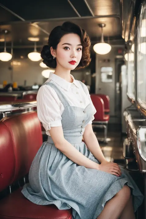 filmg, <lora:FilmG4:0.7>,
1girl dressed in a 1950s-inspired dress, complete with a full skirt and petticoat, her hair styled in classic pin curls. She should be seated at an old-fashioned diner, surrounded by vintage details like a jukebox, chrome accents,...