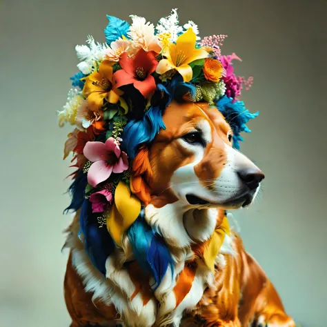 there is a dog wearing a colorful flower crown on its head