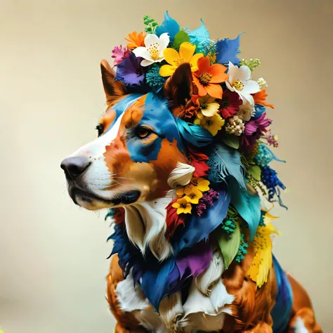 arafed dog with a colorful headpiece on its head