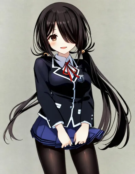 Tokisaki Kurumi, 1 Mädchen, schwarzes Haar, black Jacke, black Strumpfhose, blue Rock, erröten, braune Augen, Cowboy-Schuss, dress Hemd, schwebendes Haar, Haarverzierung, Haare über einem Auge, Jacke, lange Haare, Betrachter betrachten, miniRock, neck Schleife, Strumpfhose, pleated Rock, red Schleife, Schleife, school Uniform, Hemd, Rock, lächeln, Allein, Stehen, Transparenter Hintergrund, Zwillingsschwänze, Uniform, very lange Haare, white Hemd, 