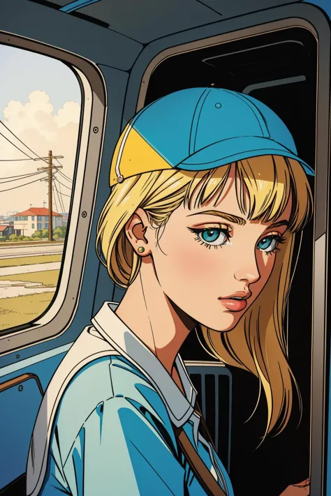 a woman in a blue cap is riding a train