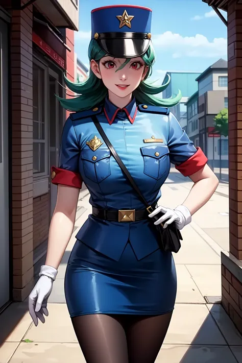 masterpiece, best quality, ultra-detailed, officer jenny, pokemon, 1girl, solo, mature face, milf, ((long hair, loose hair, messy hair)), smile, red eyes, green hair, white gloves, police hat, miniskirt, bag, star (symbol), uniform, blue skirt, blue shirt, pencil skirt, brown pantyhose, police uniform, realistic, city background <lora:OFFICERJ-15:0.5>, volumetric lighting, intricate details, tonemapping, sharp focus, hyper detailed