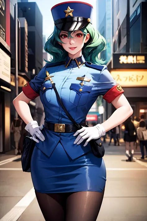 masterpiece, best quality, ultra-detailed, officer jenny, pokemon, 1girl, solo, mature face, milf, ((long hair, loose hair, messy hair)), smile, red eyes, green hair, white gloves, police hat, miniskirt, bag, star (symbol), uniform, blue skirt, blue shirt, pencil skirt, brown pantyhose, police uniform, hands on hips, realistic, city background <lora:OFFICERJ-15:0.5>, volumetric lighting, intricate details, tonemapping, sharp focus, hyper detailed