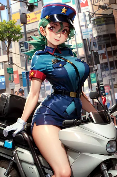 (masterpiece, best quality:1.2) officer jenny, pokemon, 1girl, solo, long hair, breasts, looking at viewer, smile, red eyes, green hair, huge breasts, green hair, white gloves, police hat, miniskirt, bag, star (symbol), uniform, blue skirt, blue shirt, pen...