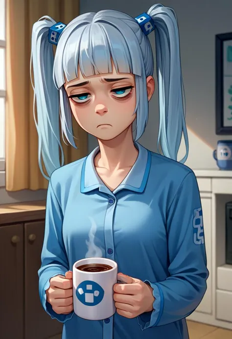 anime girl with blue hair holding a cup of coffee