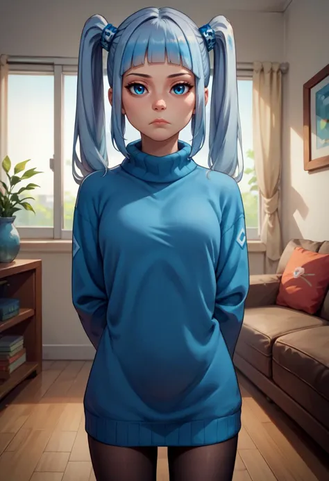 score_9, score_8_up, score_7_up, solo, 1girl, rkn-chan, expressionless, looking at viewer, arms behind back, twintails, hair ornament, blue sweater, sweater dress, black pantyhose, indoors, living room <lora:gijinkaseries_rkn-chan_ponyXL:1>