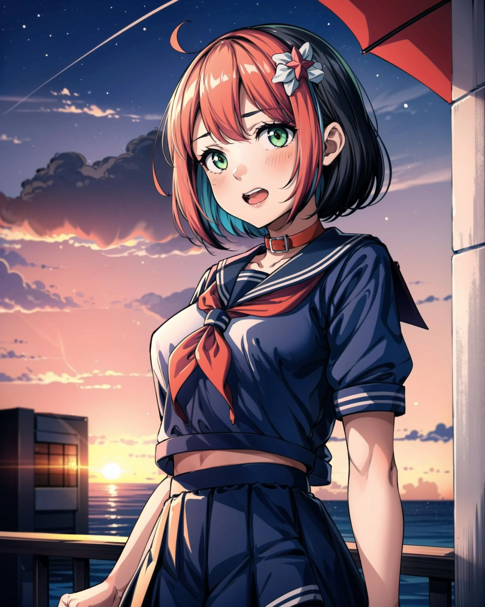 pippi \(osu!\), 1girl, bangs, black_sailor_collar, black_shirt, green_eyes, multicolored_hair, neckerchief, red_hair, sailor_collar, school_uniform, serafuku, shirt, short_hair, skirt, solo, sunset, trembling, virtual_youtuber, masterpiece, best quality, perfect composition, 