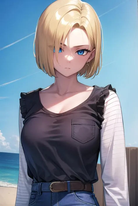 a woman with blonde hair and blue eyes standing on a beach