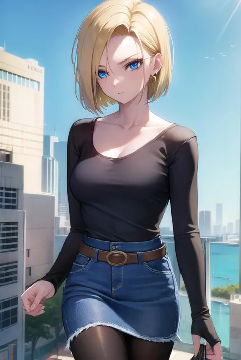 android18, <lyco:android18-lyco-nochekaiser:1>,
android 18, blonde hair, blue eyes, eyelashes, hoop earrings, short hair, earrings,
BREAK belt, black legwear, black shirt, breast pocket, cleavage, collarbone, denim, denim skirt, high-waist skirt, jewelry, long sleeves, pocket, shirt, shirt tucked in, skirt, striped, striped sleeves, waistcoat,,
BREAK outdoors, city, sky, cloud, sun,
BREAK looking at viewer, (cowboy shot:1.5),
BREAK <lyco:GoodHands-beta2:1>, (masterpiece:1.2), best quality, high resolution, unity 8k wallpaper, (illustration:0.8), (beautiful detailed eyes:1.6), extremely detailed face, perfect lighting, extremely detailed CG, (perfect hands, perfect anatomy),