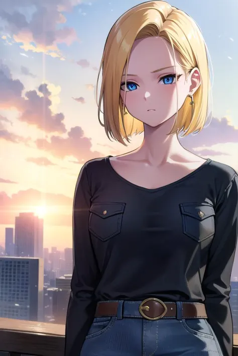 android18, <lyco:android18-lyco-nochekaiser:1>,
android 18, blonde hair, blue eyes, eyelashes, hoop earrings, short hair, earrings,
BREAK belt, black legwear, black shirt, breast pocket, cleavage, collarbone, denim, denim skirt, high-waist skirt, jewelry, long sleeves, pocket, shirt, shirt tucked in, skirt, striped, striped sleeves, waistcoat,,
BREAK outdoors, city, sky, cloud, sun,
BREAK looking at viewer, (cowboy shot:1.5),
BREAK <lyco:GoodHands-beta2:1>, (masterpiece:1.2), best quality, high resolution, unity 8k wallpaper, (illustration:0.8), (beautiful detailed eyes:1.6), extremely detailed face, perfect lighting, extremely detailed CG, (perfect hands, perfect anatomy),