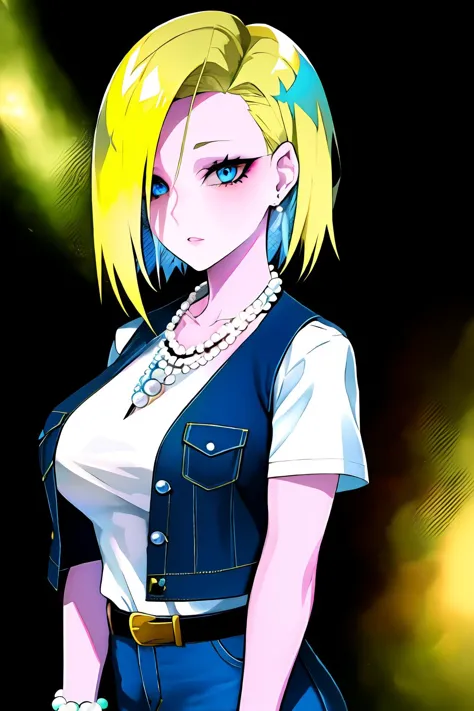 anime girl with blonde hair and blue eyes in a white shirt