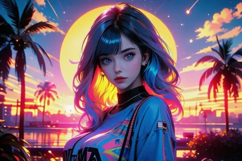 Best quality,masterpiece,ultra high res,<lora:vaporwave:0.8>,
1girl,solo,palm tree,looking at viewer,long hair,multicolored hair,tree,sky,pink hair,upper body,shirt,cloud,blue eyes,short sleeves,outdoors,closed mouth,bangs,sunset,cityscape,white hair,night,streaked hair,multicolored eyes,breasts,star (sky),