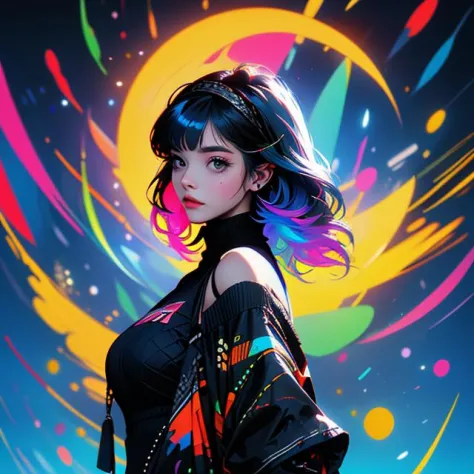 Best quality,masterpiece,ultra high res,<lora:vaporwave:0.99>,
1girl,solo,blue hair,hairband,looking at viewer,jacket,breasts,off shoulder,bangs,upper body,short hair,black jacket,from side,multicolored eyes,open jacket,open clothes,medium breasts,turtleneck,multicolored background,closed mouth,long sleeves,