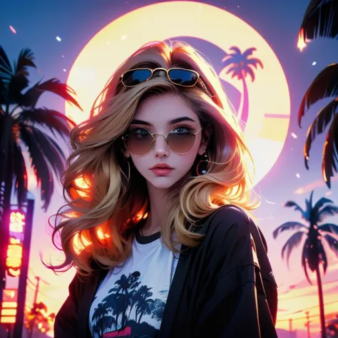Best quality,masterpiece,ultra high res,<lora:vaporwave:0.8>,
1girl, sunglasses, solo, blue eyes, eyewear on head, palm tree, tr...