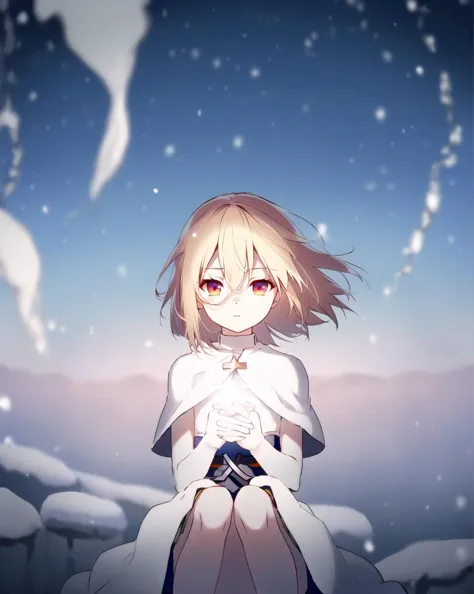 anime girl with red eyes sitting on a rock in the snow