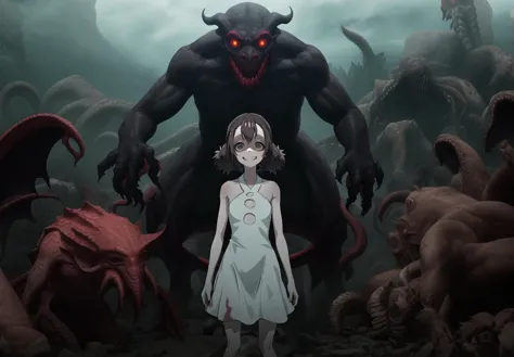 a close up of a person standing in front of a demon