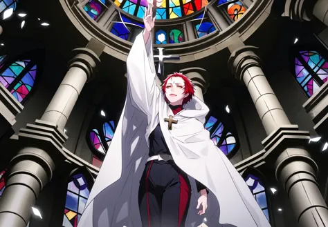 anime character in white cloak holding sword in front of stained glass window