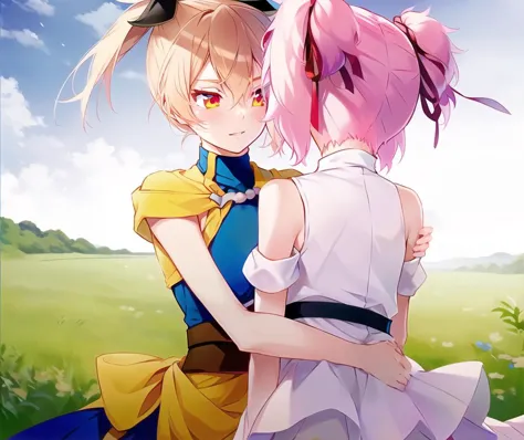 anime characters hugging each other in a field of grass