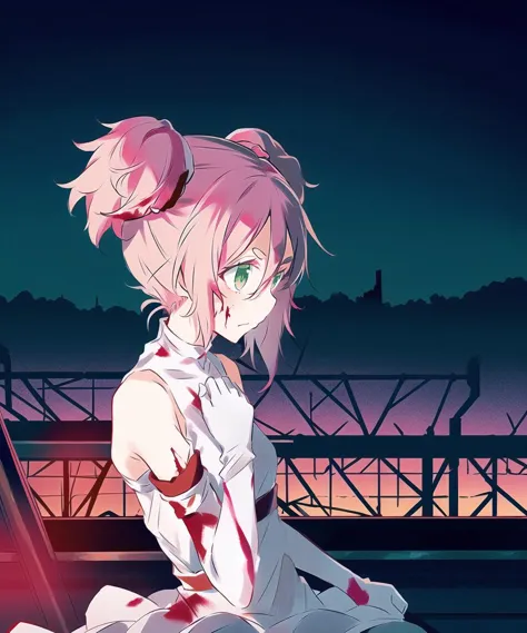 anime girl sitting on a bench with blood on her face