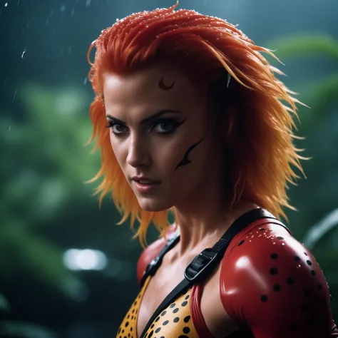 cinematic photo,
CheetaraQuiron character, in the rain, messy (wet:0.7) hair, intense expression, piercing gaze, (glistening wet...