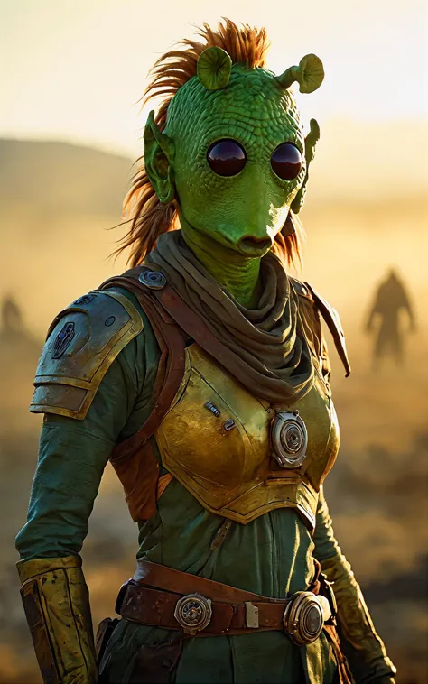 full body shot of a 30 year old rodian alien woman,large chest,no armor,in a battlefield,winking at the viewer,golden hour,foggy,windswept hair,regal pose,over the shoulder view,Ultra-HD-details,Hyperrealistic art cinematic film still photography in the style of detailed hyperrealism photoshoot,style by Dan Winters,RAW photography,film grain,(indistinguishable from reality:1.4),photo taken with a Bolex H16,Full Body Photograph,Full Body Portrait,Full Body Visible,From a Distance <lora:RodianXL:0.8>