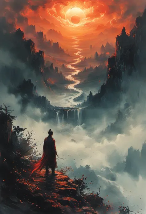 a man standing on top of a mountain looking at a sunset