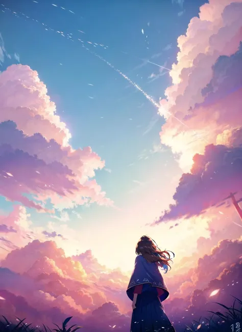 1girl, sky, cloud, solo, scenery, signature, skirt, day, blue sky, from behind, capelet, long hair, cloudy sky, standing, blue skirt, light particles, dress, outdoors, short hair, brown hair, facing away, white shirt, dated, blue theme
<lora:vines-pynoiseLoHa:1>