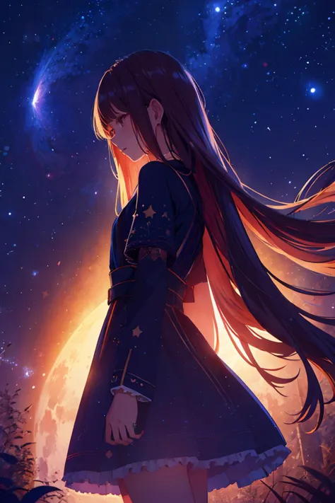 best quality, masterpiece, ultra high res, 
1girl,babydoll dress,very long hair, silhouette, burst of light particles,  starry skies, moonlit nights, Capella Star, Giant GRB Ring, full of dynamic,
 <lora:[LoHa] Vines あおふじ青藤 Style (With multires noise version):1>