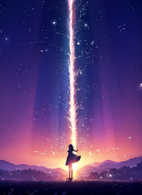 1girl, solo,  silhouette, long hair, star \(sky\), dress, scenery, light particles 
<lora:vines-pynoiseloha:1>