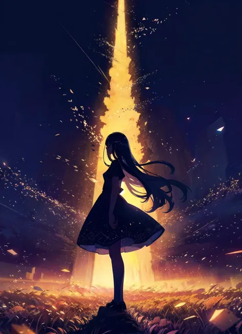 1girl, solo,  silhouette, long hair, star \(sky\), dress, scenery, light particles 
<lora:vines-pynoiseloha:1>