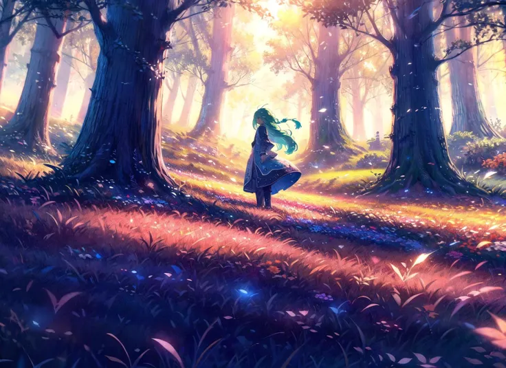 1girl, solo, tree, long hair, nature, forest, scenery, outdoors, field, flower, sunlight, green hair, dress, light rays, grass, very long hair, day, fantasy, flower field, light particles, aqua hair
<lora:vines-pynoiseLoHa:1>