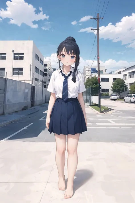 1girl, relaxed, tilt head, breasts, hair buns, black hairs, eye reflection
acjc, school uniform, school tie, short sleeve white shirt, blue pleated skirt, school crest on uniform shirt, (barefoot)
(beautiful detailed sky, blue sky), full body, wide shot, school playground
(best quality, masterpiece:1.2, highres, hyper detailed), lineart,  <lora:acjcv3:0.7>