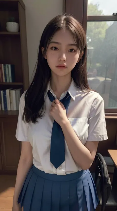 1 schoolgirl, captured from a low-angle perspective, at a medium camera distance, framed closely around her face, (sgrean, 24 years old:1.2), <lora:acjcv3:0.3>, wearing a classic school uniform with a blue school skirt and a school neck tie, standing confidently, illuminated by soft natural light, in a library-like background environment., 8K, 8k  uhd, dslr, Nikon Z9, soft lighting, high quality, film grain, ((cinematic look)), soothing tones, insane details, intricate details, hyperdetailed, epic realistic, real picture, intricate details, ultra-detailed, ultra highres, depth field,(photorealistic,realistic:1.2),best quality, realistic, photorealistic, (intricate details:1.2), (delicate detailed), (cinematic light), clear line, sharp focus, realistic face, detailed face unity 8k wallpaper, ultra high res, (photorealistic:1.4)