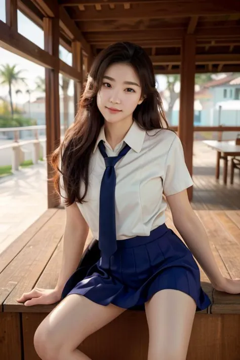 (cowboy shot), (masterpiece), (best quality:1.0), (ultra highres:1.0), (detailed face, detailed eyes, detailed skin, ray tracing, subsurface scattering:1.1), smile, looking at viewer, legs spread apart,
1 woman, medium breasts, (acjc, sgrean, school_uniform, 24 years old:1.2), blue school_skirt, blue necktie, school badge <lora:acjcv2:0.5> <lora:Background Detail Enhanced_Si_v3.0:0.8>, 8K, 8k  uhd, dslr, Nikon Z9, soft lighting, high quality, film grain, ((cinematic look)), soothing tones, insane details, intricate details, hyperdetailed, epic realistic, real picture, intricate details, ultra-detailed, ultra highres, depth field,(photorealistic,realistic:1.2),best quality, realistic, photorealistic, (intricate details:1.2), (delicate detailed), (cinematic light), clear line, sharp focus, realistic face, detailed face unity 8k wallpaper, ultra high res, (photorealistic:1.4)