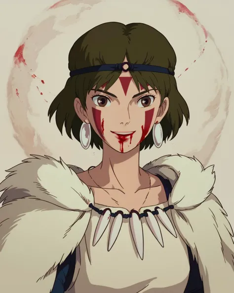 anime girl with blood on her face and a white fur coat