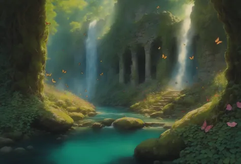 score_9, score_8_up, score_7_up, source_anime, no humans, elven kingdom, anime coloring, enchanted forest glade, towering trees, verdant leaves, sunlight dappled, moss-covered rocks, ancient ruins, warm golden glow, gentle stream, sparkling waters, fluttering butterflies, vibrant wildflowers, whimsical magic, soft painterly brushstrokes, dreamlike quality, rich colors, subtle gradients, intricate details, nostalgic wonder, <lora:Ghibli_style_PDXL:1>